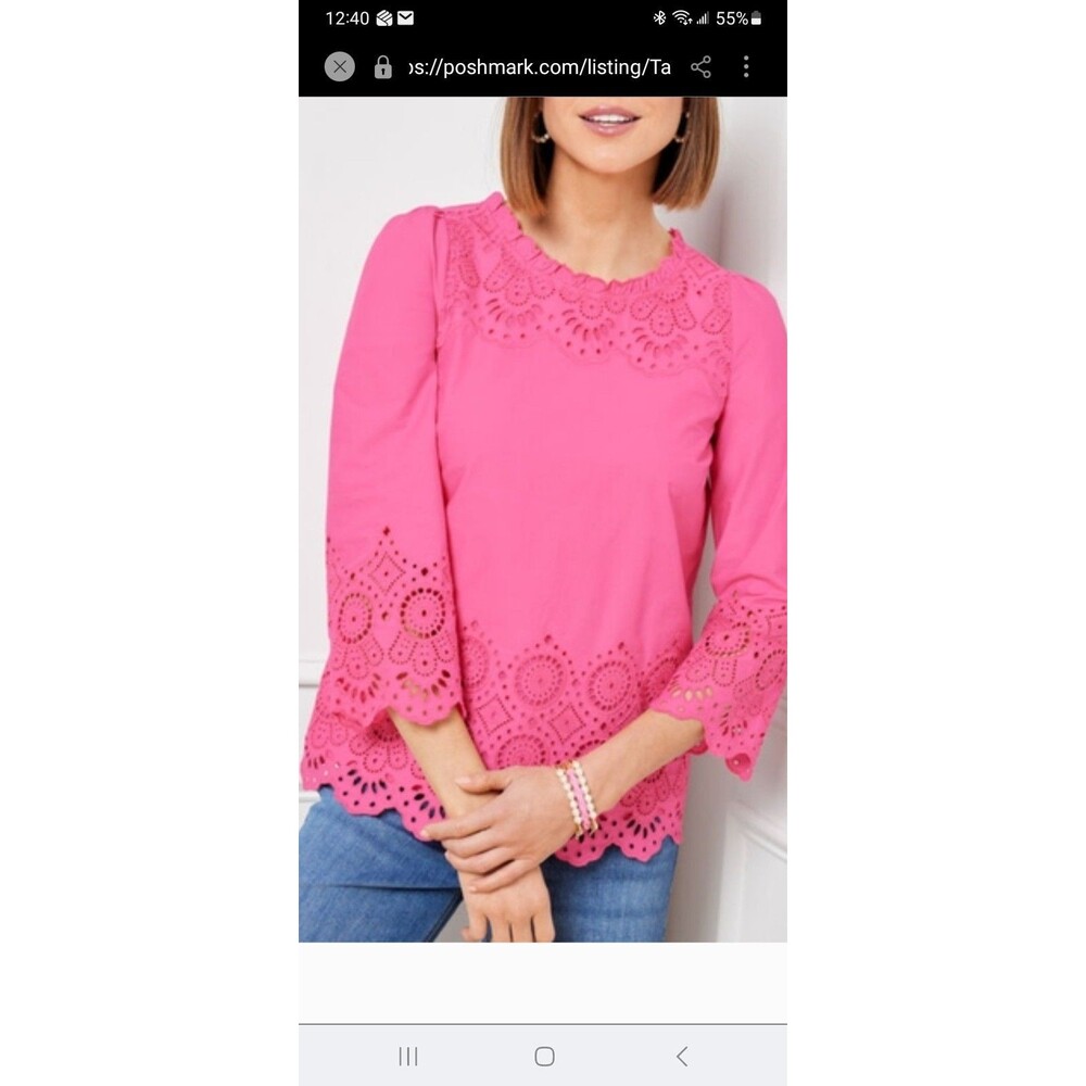 Talbots hot pink eyelet blouse SPetite lined pullover preppy summer colorful